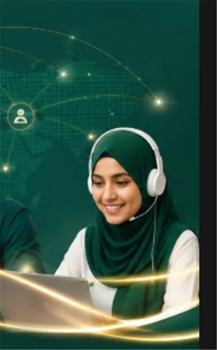 Tutor in a green hijab with headset at a laptop