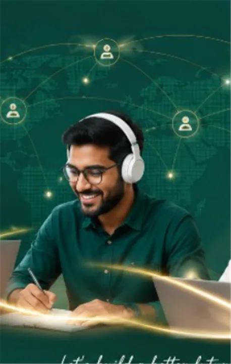 Young tutor with headphones writing in a notebook